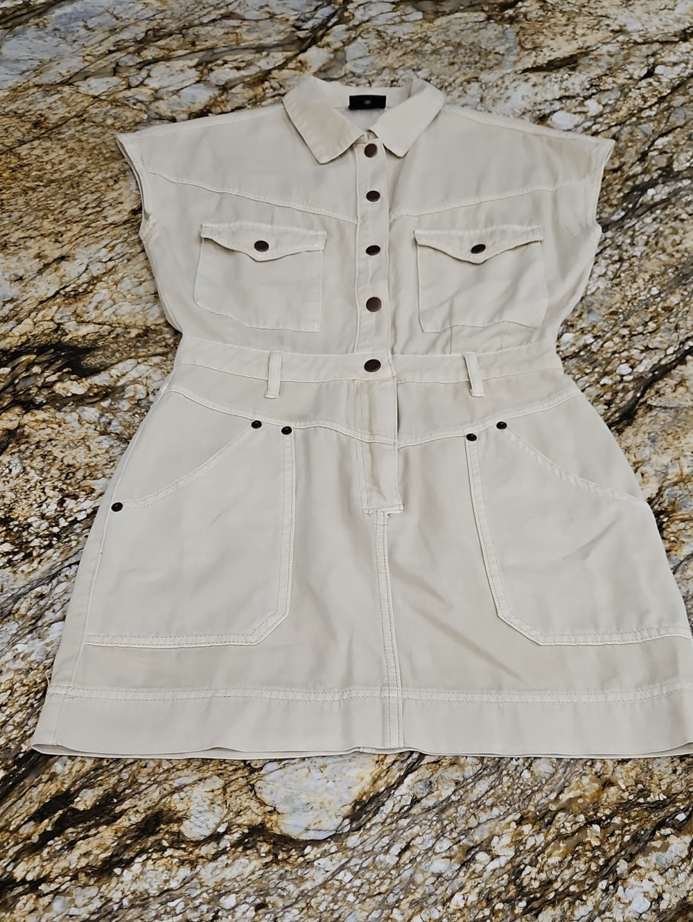 MIOU MUSE Beige Utility Shirt Dress with Front Pockets